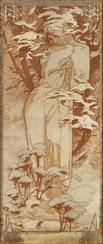 ALPHONSE MUCHA (1860-1939). [THE SEASONS.] Four decorative panels on silk. 1900. Each 26x11 inches, 66x28 cm. F. Champenois, Paris.